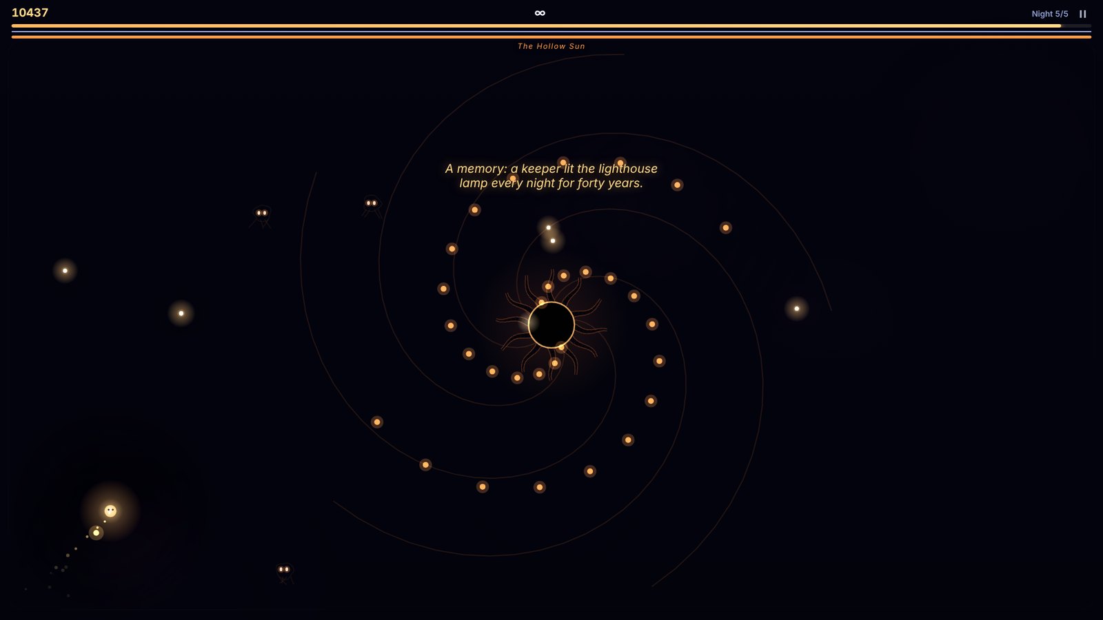The little light circles the Hollow Sun as a spiral of embers closes in.